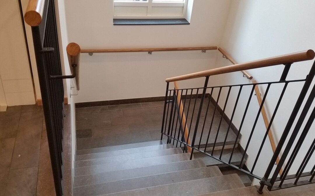 Trappräcke i smide med ek-handledare.